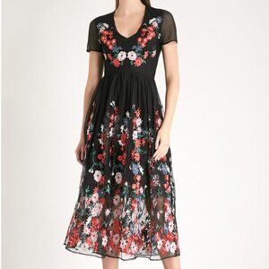 Maje “Raphael” Black Mesh Embroidered Midi Dress – Size 36 (US 4)